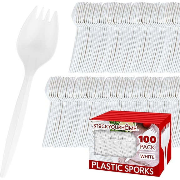 Stock Your Home Disposable Plastic Sporks (2000 Count), White 2 in 1 Fork Spoons, Kid Safe Utensils for School Lunch, Picnics, Parties and Catering