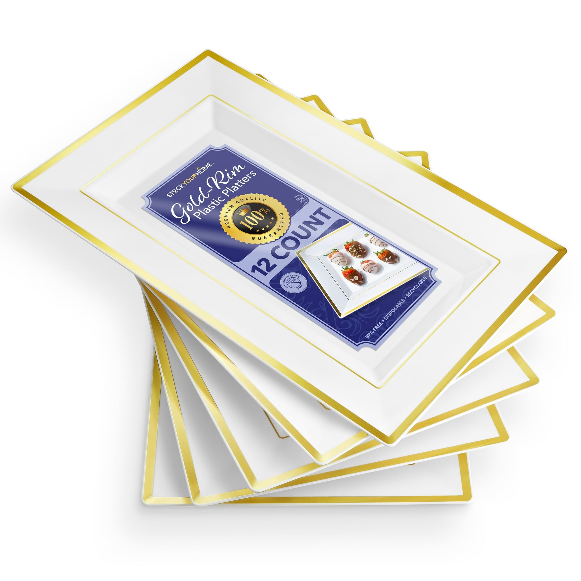 Stock Your Home Disposable Rectangle Serving Tray, Plastic White and Gold, 12 Pcs