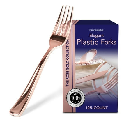 Stock Your Home 125 Disposable Heavy Duty Plastic Forks, Fancy Plastic Silverware Looks Like Real Cutlery - Utensils Perfect for Catering Events, Restaurants, Parties and Weddings (Rose Gold)