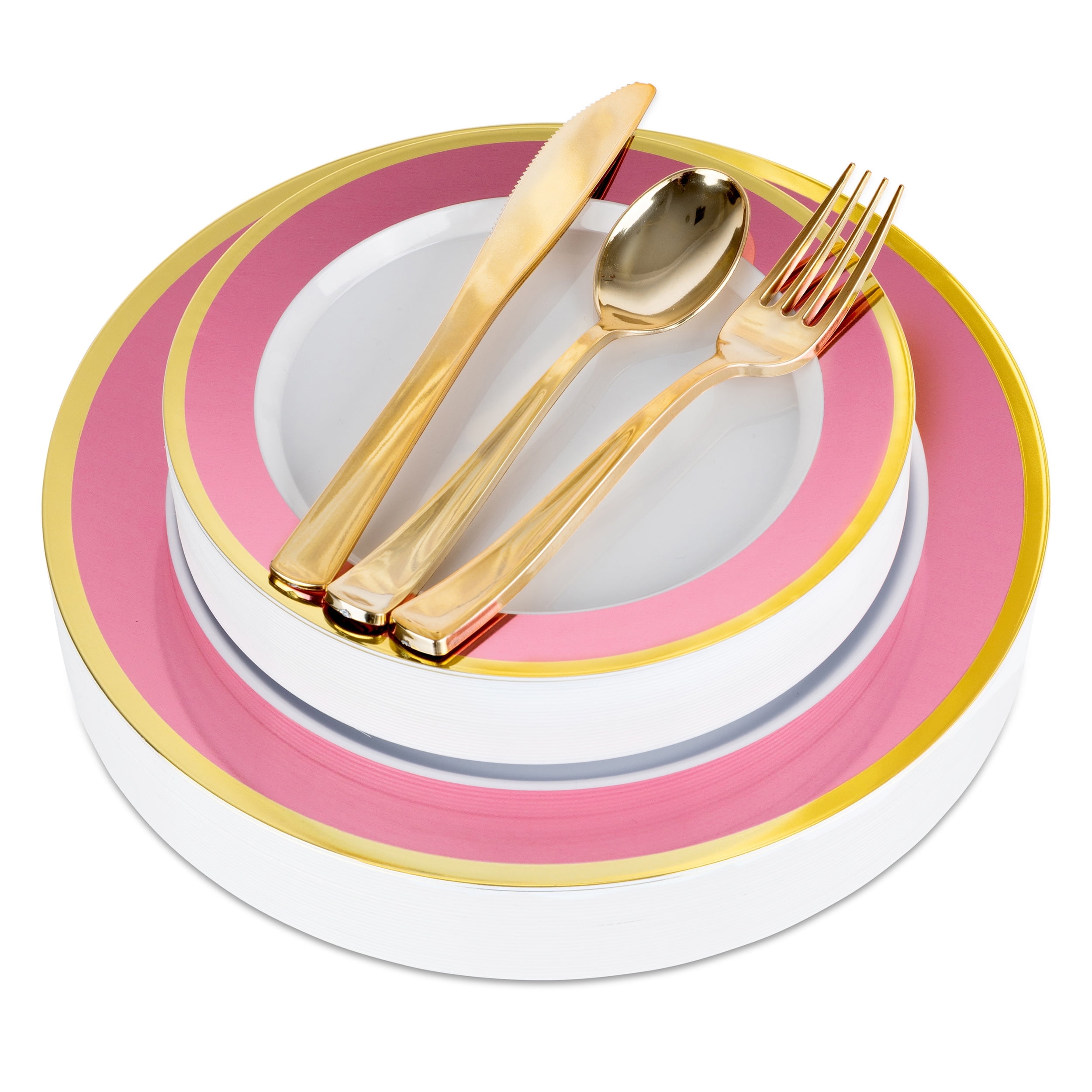 125-Piece White, Pink, and Gold BPA-Free Disposable Dinnerware Set