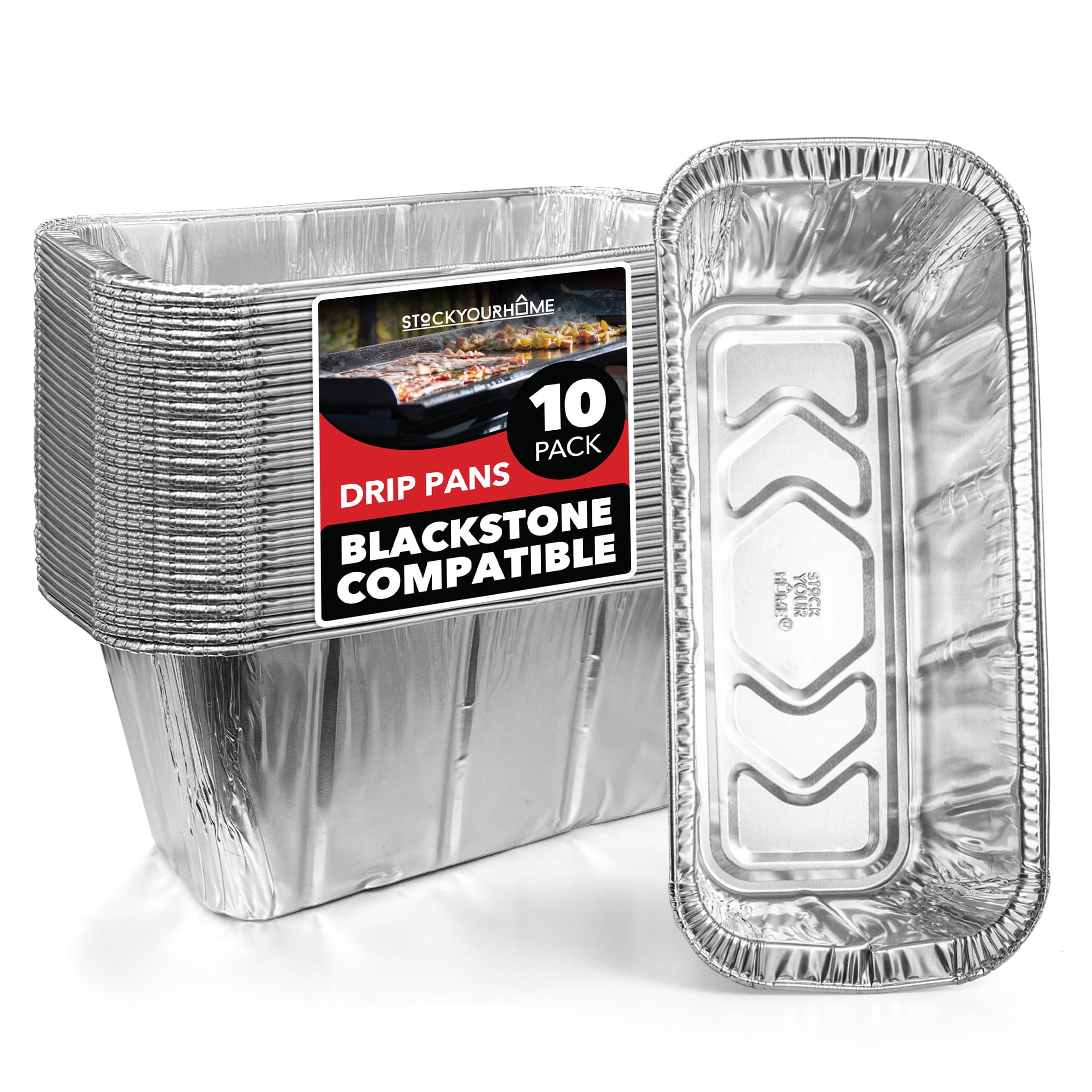 Stock Your Home Foil Grill Drip Pan (10 Pack) Compatible with Blackstone's 28”, 30”, & 36” BBQ Griddle + 17” & 22” Tabletop Range- Disposable Aluminum Oil Catcher Tray, Blackstone Grease Cup Liners