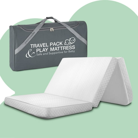 Foldable Travel Pack n Play Mattress Pad with Bag, Waterproof Portable Mini Crib Mattresses, Baby Bed Playpen Memory Foam Topper, Playard Pen Accessories, Traveling Case Included