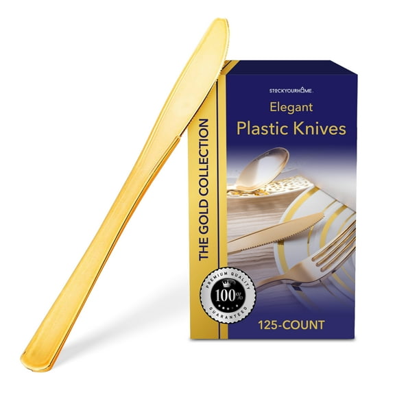 Stock Your Home Gold Plastic Knives, Heavy Duty Disposable Cutlery, 125 Count