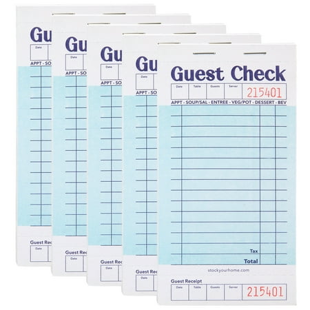 Stock Your Home Blue Guest Check Books for Servers (5 Pack) Server Note Pads, Waiter Checkbook, Food Receipt Book, Restaurant Order Pad, Paper Checks, Waitress Accessories, 250 Total Tickets