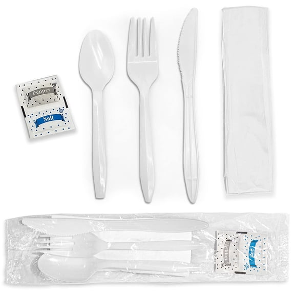 Individually Wrapped Plastic Cutlery Set with Napkin + Salt & Pepper Packets in White (250 Count) Prewrapped Disposable Silverware Bags, Bulk Utensils: Fork, Knife, and Spoon for Togo Eating