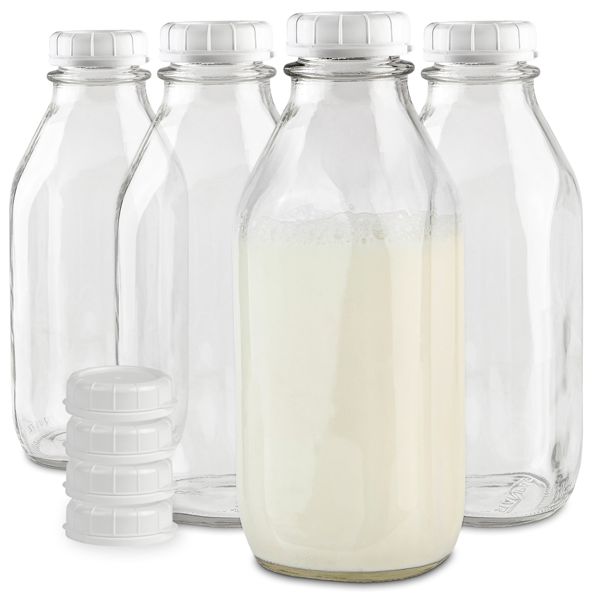 Stock Your Home Liter Glass Milk Bottle with Lid (4 Pack) 32 Oz Jugs and 8 White Caps, Reusable