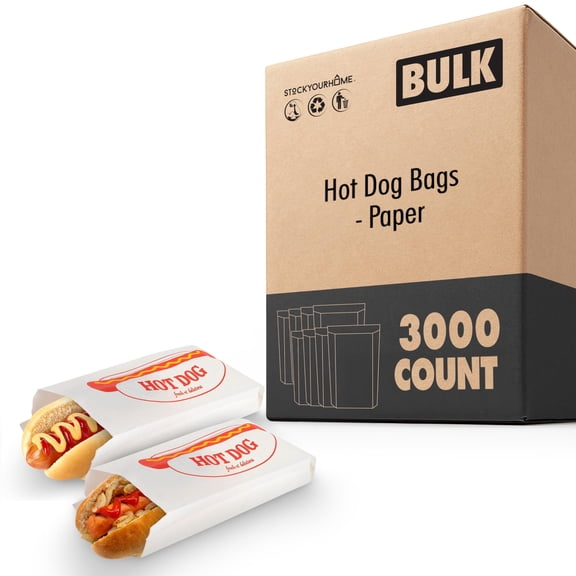 Stock Your Home Paper Hot Dog Bags (3000 Pack), Microwavable Hot Dog Sleeves, Leak Resistant Wrappers for Food Stands and Takeout