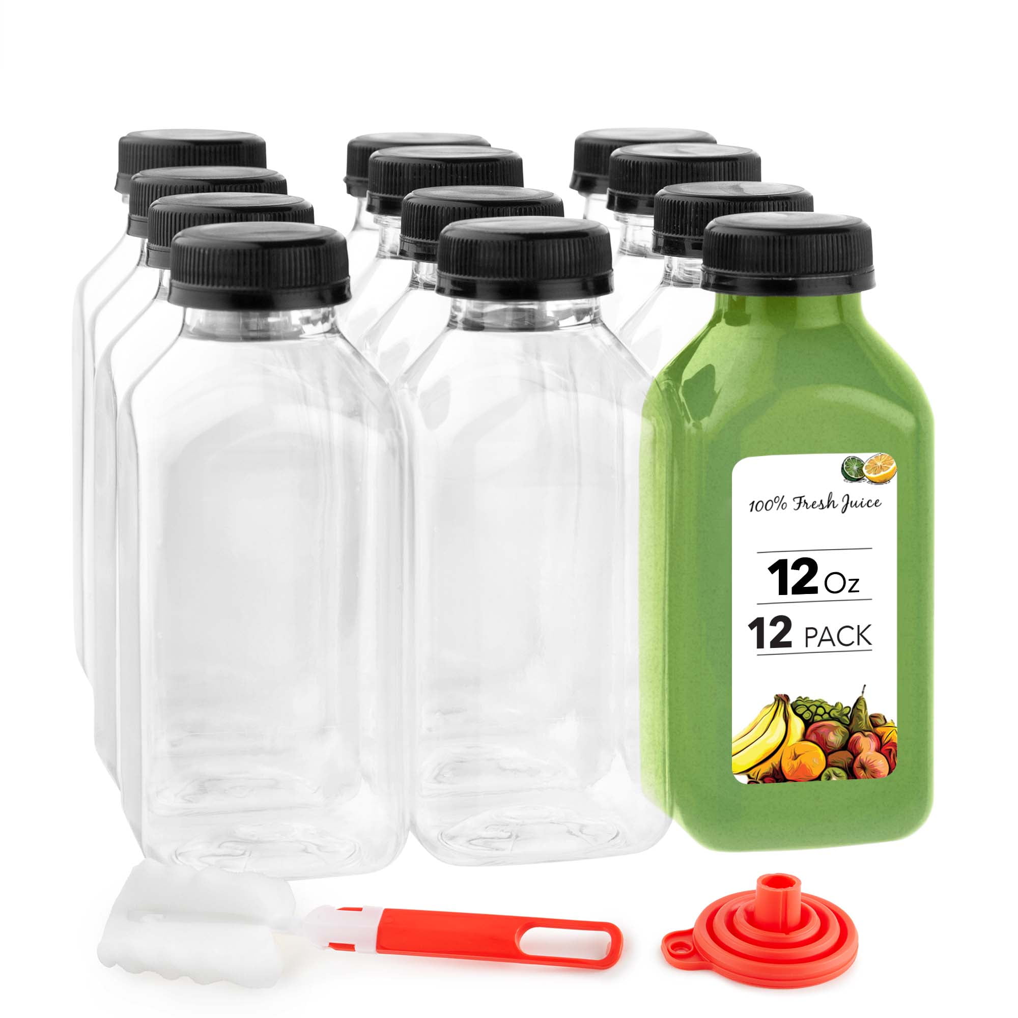 12oz Reusable Clear Plastic Juice Bottles with Caps, 12 Pack, by Stock Your Home