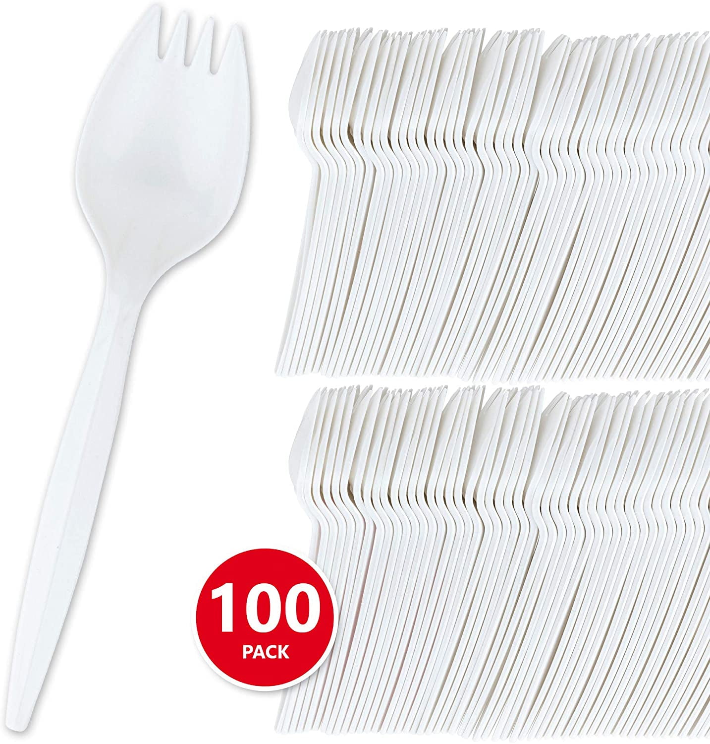 Stock Your Home 100 Disposable Sporks, White Plastic Sporks Kid Safe