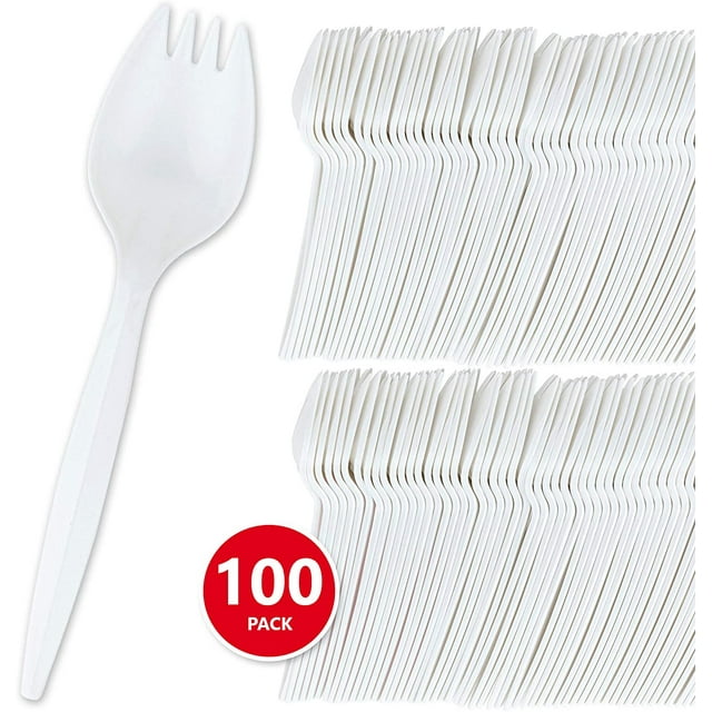 Stock Your Home 100 Disposable Sporks, White Plastic Sporks Kid Safe