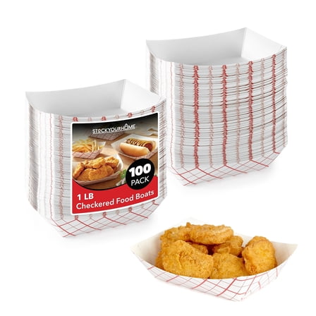 Small Paper Food Boats (100 Pack) 1 Lb Disposable Red & White Checkered Paper Food Trays, Eco Friendly Paper Food Trays, Serving Boats for Concession Food & Condiments, Paper Nacho Trays 4.25" x 2"