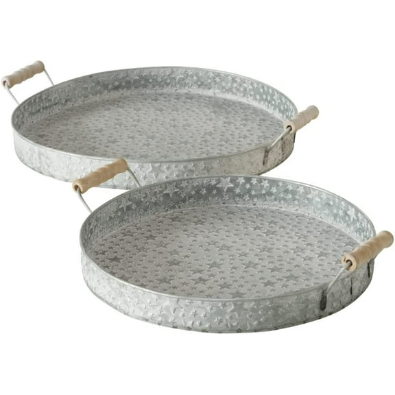 Stockbridge 2 Piece Star Studded Circular Tray Set, Zinc, Grey, Wood Handles, 13.5 Inches