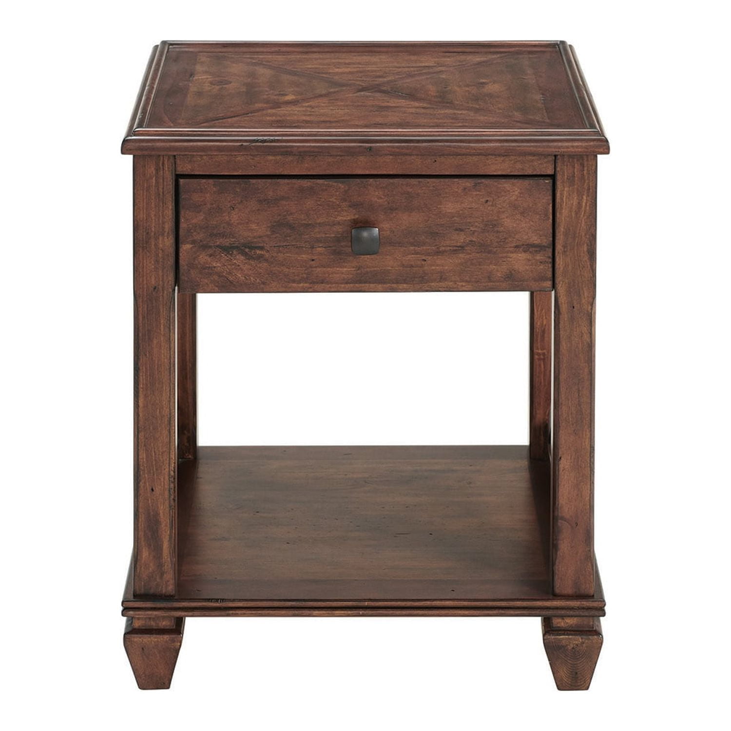 Cherry Pine Wood Square End Table with Drawer and Shelf