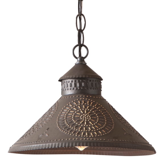 Irvins Country Tinware Stockbridge Shade Light Pendant with Chisel Kettle Black Punched Tin