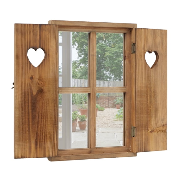 Stockbridge Shutter Mirror, Rustic Heart Cut-Outs, Fir Wood Frame and Doors, Metal Swing Latch, Cross Post Grille, Triangle Hangers, 22.25 Wide x 17.75 H Inches