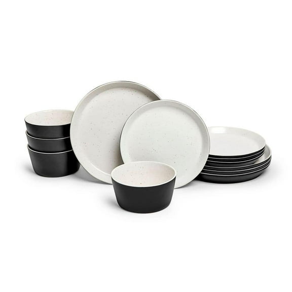 Stockholm 12-Piece Stoneware Dinnerware Set, Black/White, Round, Service for 4, Microwave and Dishwasher Safe