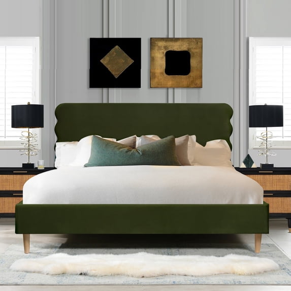 Stockholm Modern Wavy Headboard Platform Bed, King, Olive Green Performance Velvet