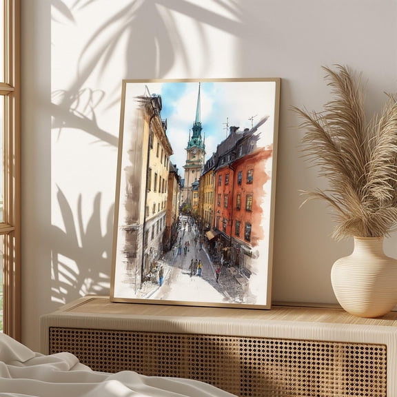Stockholm Old Town Art Print Poster, Historic European City Street Sketch with Clock Tower, Travel-Inspired Scandinavian 1173, Size 16x24 UNFFRAMED F03.1.6l3068