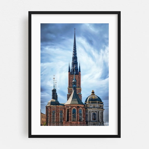 Stockholm Ridderholmen Church - Gamla stan Stockholm County Sweden Photography Cathedral Church Architecture Gothic Cityscape Religious Art Skyline Black Framed Wall Art Print 24 x 36 inches