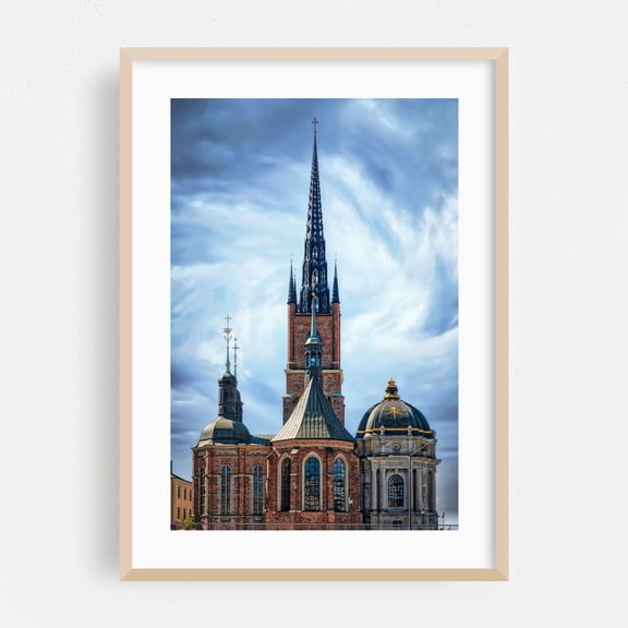 Stockholm Ridderholmen Church - Gamla stan Stockholm County Sweden Photography Cathedral Church Architecture Gothic Cityscape Religious Art Skyline Oak Framed Wall Art Print 12 x 18 inches