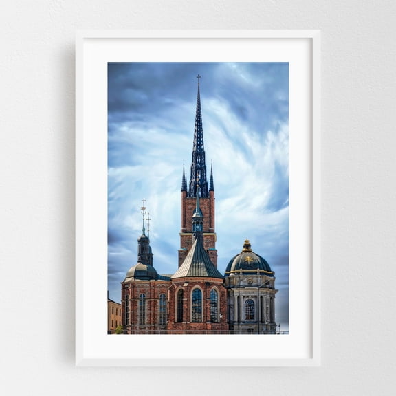 Stockholm Ridderholmen Church - Gamla stan Stockholm County Sweden Photography Cathedral Church Architecture Gothic Cityscape Religious Art Skyline White Framed Wall Art Print 20 x 30 inches
