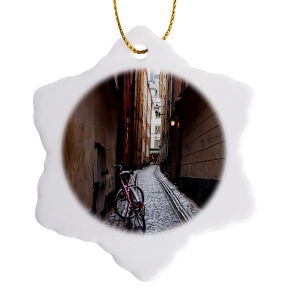 3drose, Stockholm, Sweden, Bicycle in a Narrow Alley - Eu28 Ist0003 - Inti St. Clair, 3 inch Snowflake Porcelain Ornament