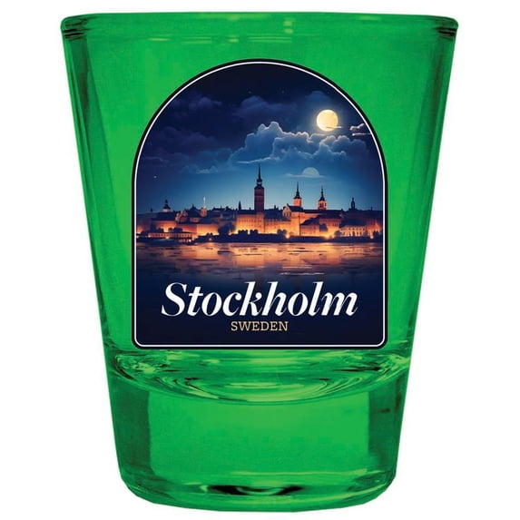 Stockholm Sweden Design B Souvenir Full Color 2 oz Round Shot Glass Green