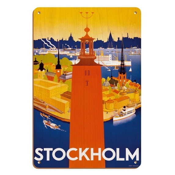 Stockholm - Sweden - Port of Stockholm and City Hall - Vintage Travel Poster by Iwar Donner c.1936 - 8 x 12 inch Vintage Wood Art Sign