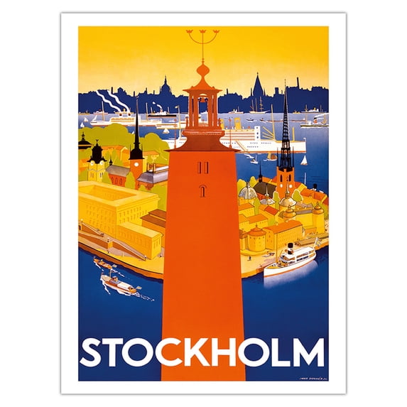 Stockholm - Sweden - Port of Stockholm and City Hall - Vintage Travel Poster by Iwar Donner c.1936 - Bamboo Fine Art 290gsm Paper (Unframed) 12x16in
