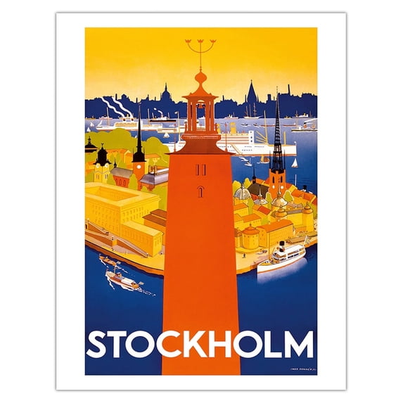 Stockholm - Sweden - Port of Stockholm and City Hall - Vintage Travel Poster by Iwar Donner c.1936 - Fine Art Matte Paper Print (Unframed) 20x26in