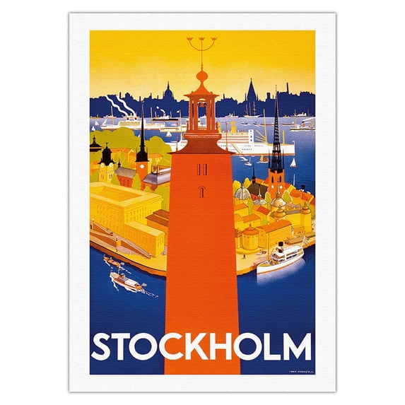 Stockholm - Sweden - Port of Stockholm and City Hall - Vintage Travel Poster by Iwar Donner c.1936 - Fine Art Rolled Canvas Print 27in x 40in