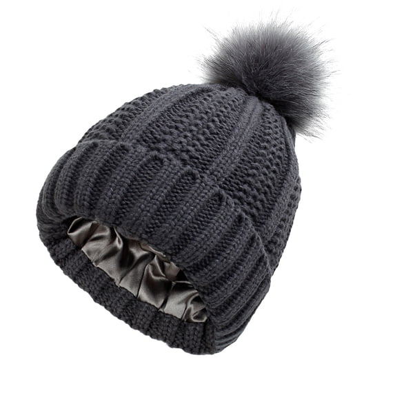 Stocking Cap for Women Thermal Beanie Running Hat Winter Toboggan Hats Pom Knit Earflap Hats Ski Cuff Cap with Pom Warm Fleece Lined Cold Weather Hat Ladies Hats Gray One Size