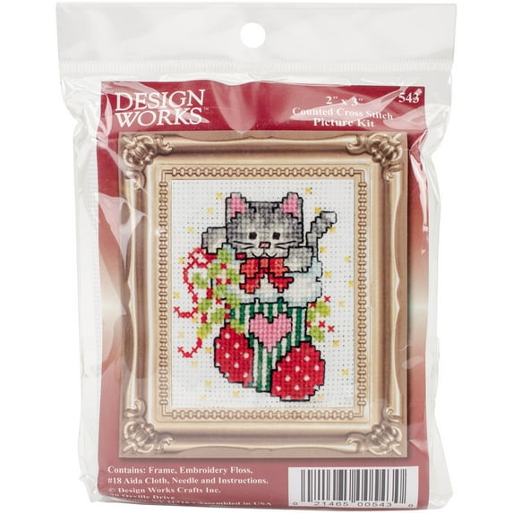 Stocking Cat W/Frame Mini Counted Cross Stitch Kit-2"X3" 18 Count