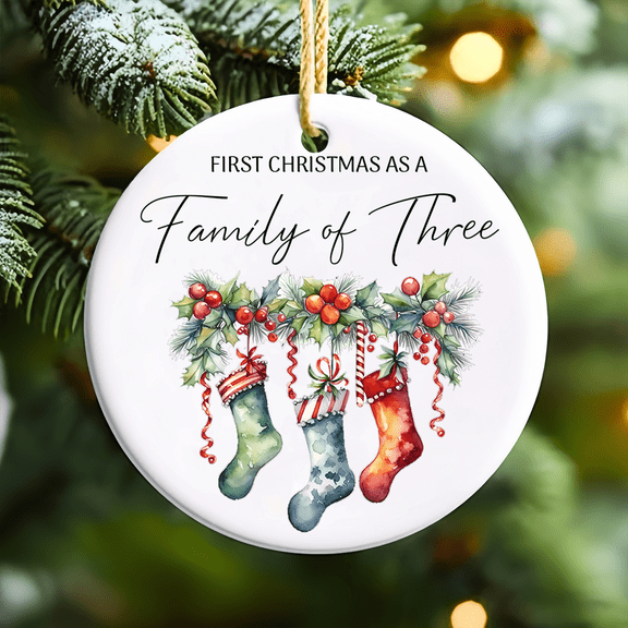 Stocking First Christmas Family of Three Ceramic Ornament for Tree, Perfect New Parents Gift, Baby Shower Keepsake, Home Decor