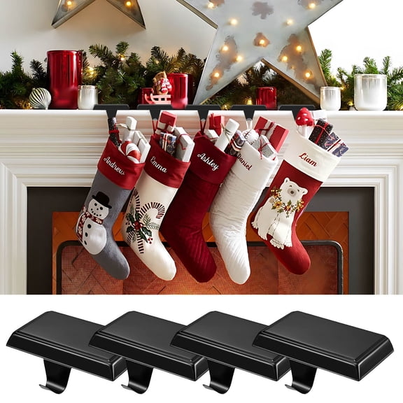 Stocking Holders for Mantle Set of 4, Fireplace Stocking and Garland Hanger, Stocking Hooks for Mantle, TV Stand, Staircase