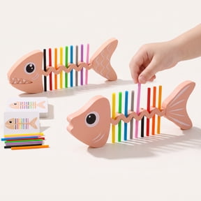 Stocking Stuffer Toys for Student, Hobby & Education Toys, Hobby Activities, Toys, Fish Bone Matching Puzzle Board Game with 1 Base, 18 Colorful Rods, 30 Pattern Cards, 8X3X3 Inch