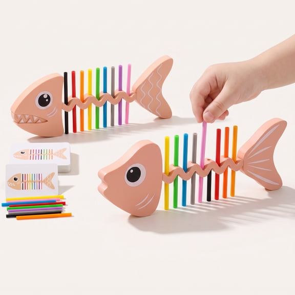 Stocking Stuffer Toys for Student, Hobby & Education Toys, Hobby Activities, Toys, Fish Bone Matching Puzzle Board Game with 1 Base, 18 Colorful Rods, 30 Pattern Cards, 8X3X3 Inch