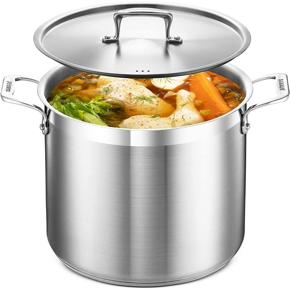 Stockpot – 12 Quart – Brushed Stainless Steel – Heavy Duty Induction Pot with Lid and Riveted Handles – For Soup, Seafood, Stock, Canning and for Catering for Large Groups and Events by BAKKEN