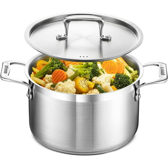 Stockpot – 5 Quart – Brushed Stainless Steel – Heavy Duty Induction Pot with Lid and Riveted Handles – For Soup, Seafood, Stock, Canning and for Catering for Large Groups and Events by BAKKEN