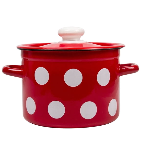 Stockpot Enameled Steel Pot Red White Polka-dot Enamelware Pot with Lid Kitchen Pot Cooking Pot (2 L)