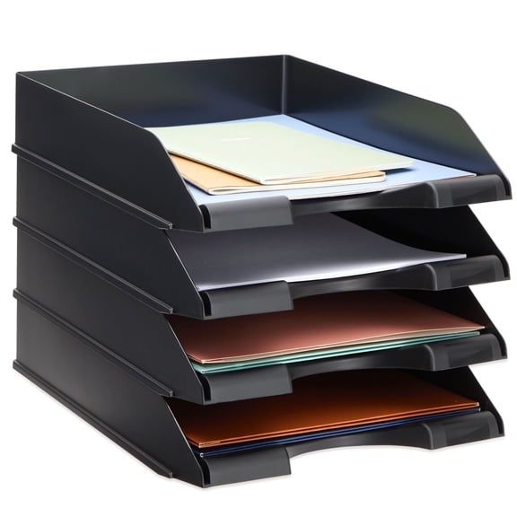 Stockroom Plus Letter Tray - Stackable Desk Organizer Trays - Desktop File Organizer - Mail & Document Storage - Pack of 4, Black, 10 x 13.5 x 2.5 in