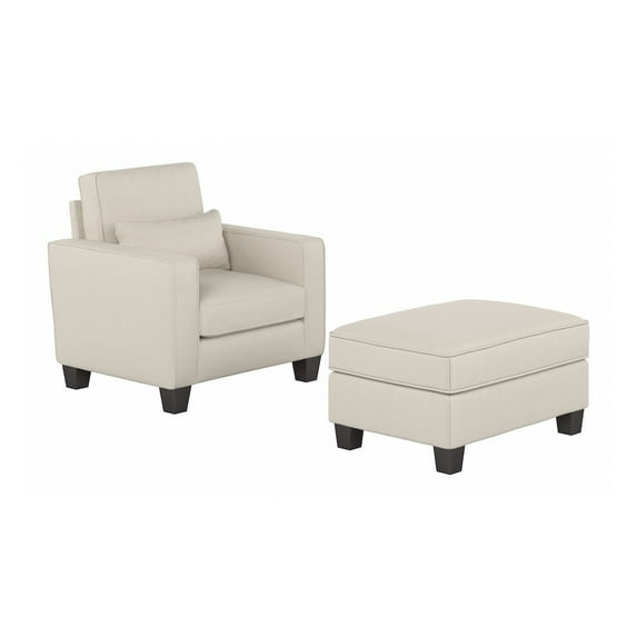 Stockton Accent Chair with Ottoman Set in Cream Herringbone Fabric