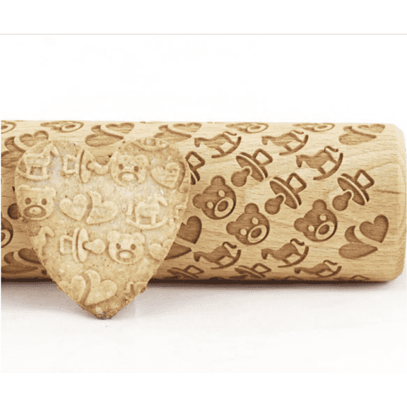 Stodola Baby Toys Pattern 16.9 in Wood Classic Handled Rolling Pin
