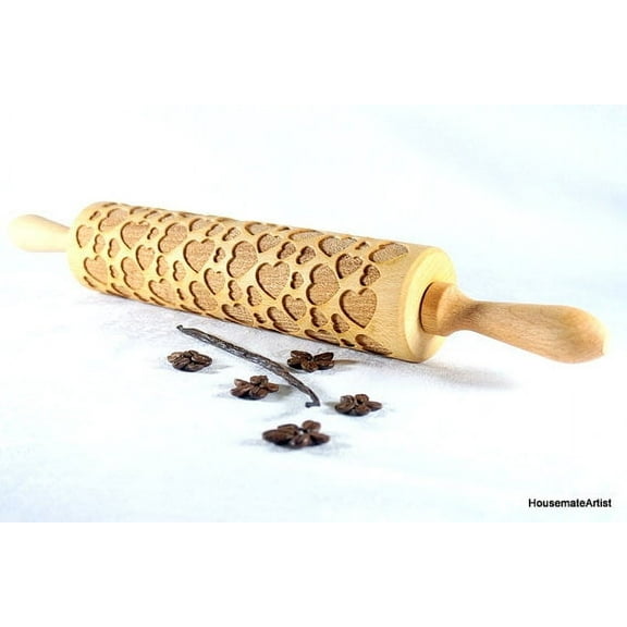 Stodola Engraved Large Rolling Pin with CUTE HEARTS Pattern