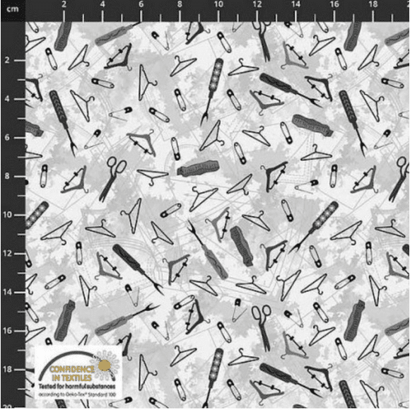 Stof European Sew Sew Sew It Sewing Equipment Grey Cotton Quilting Fabric By The Yard