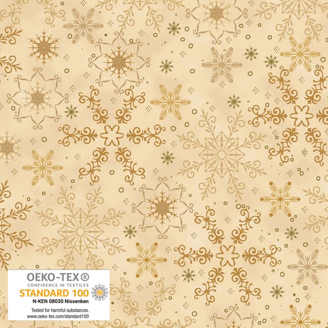 Stof We Love Christmas Big Snow Crystal Beige Gold Cotton Quilting
