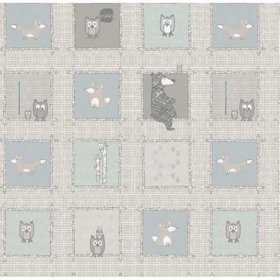 Stof Woodie 4500-175 Window Owl Blue Cotton Fabric By The Yard