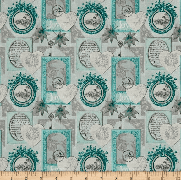 Stof of France Belle Epoque Hearts Teal Cotton Quilting Fabric By The Yard