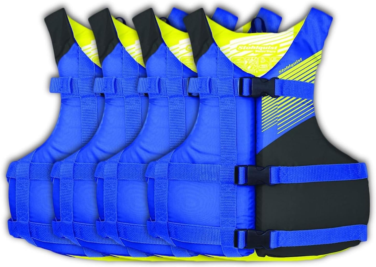 Stohlquist Universal Fit Adult Life Jacket PFD (4 Pack) Coast Guard Approved PFD, Life Vest for Men and Women 90+ lbs, Lightweight Neoprene and Adjustable, Ideal for Boating, Kayaking & Water Sports