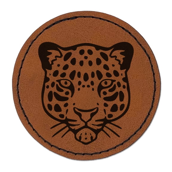 Stoic Leopard Head Spotted Big Cat Round Iron-On Engraved Faux Leather Patch Applique - 2.5 Inch - Brown